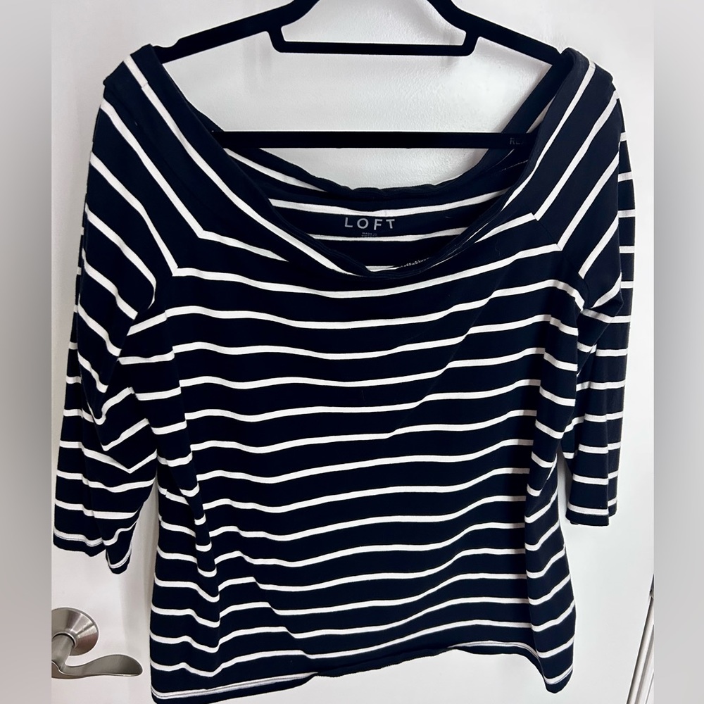 Loft black and white striped off the shoulder 3/4 sleeve shirt
